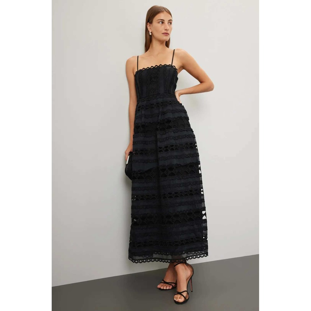 Endless Rose Black Tiered Lace Eyelet Midi Dress Square Neck Spaghetti Strap L